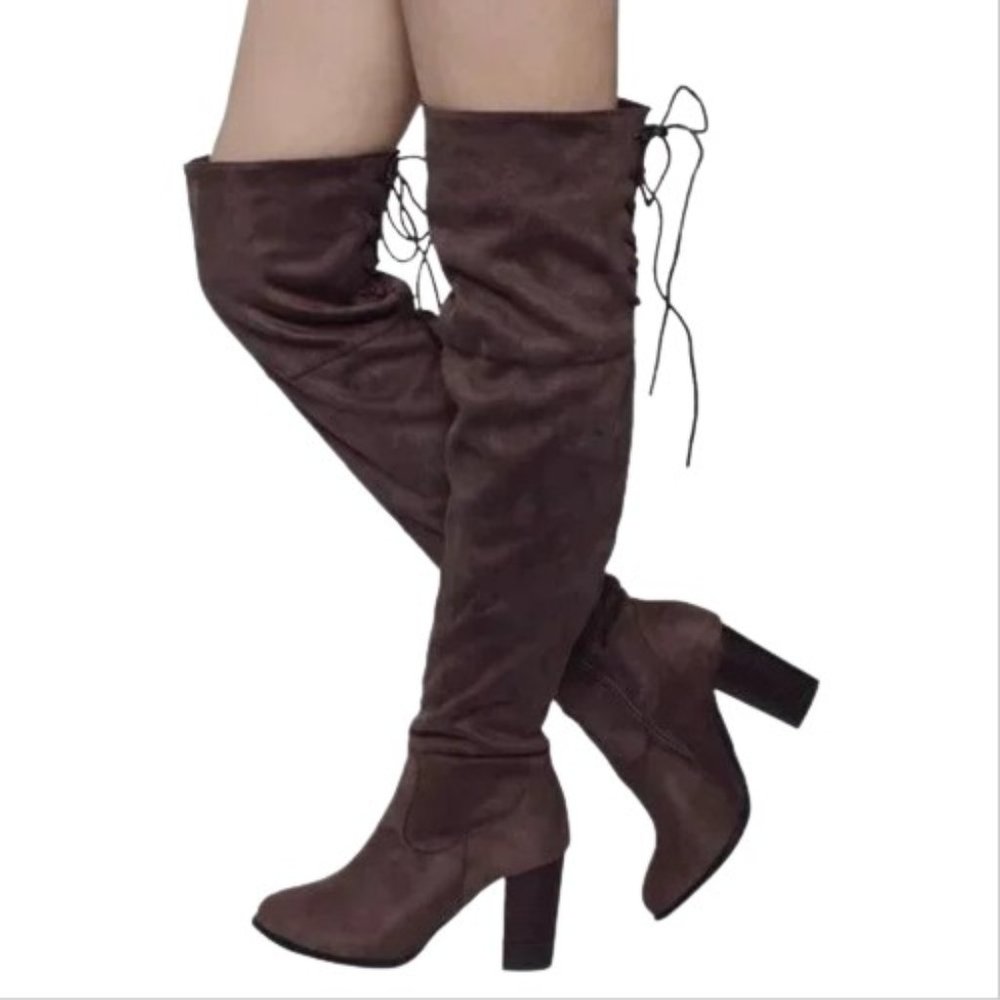 Qupid EUC Brown Over the Knee Lace Up Faux Suede Chunky Heel Boots Sz 8